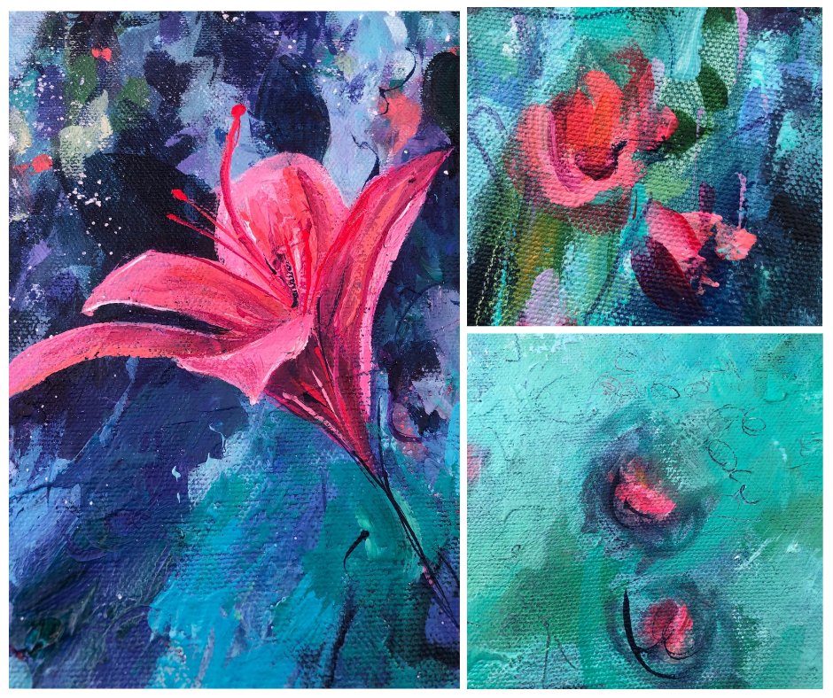 Close-up painted floral details with pink, turquoise and blue tones.