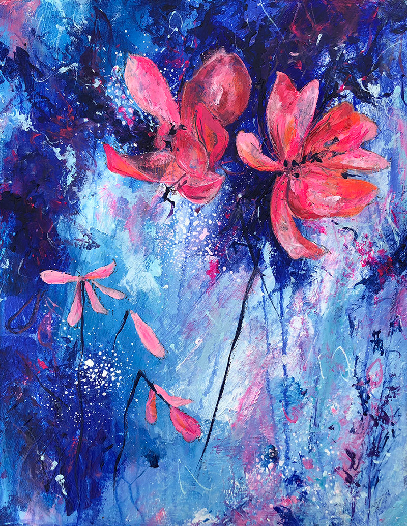 Painting of hot pink flowers against a rich blue textured background