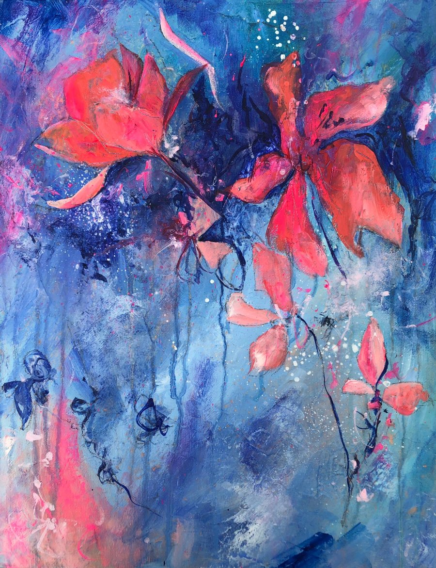 Bright pink flowers painted on a textured blue background