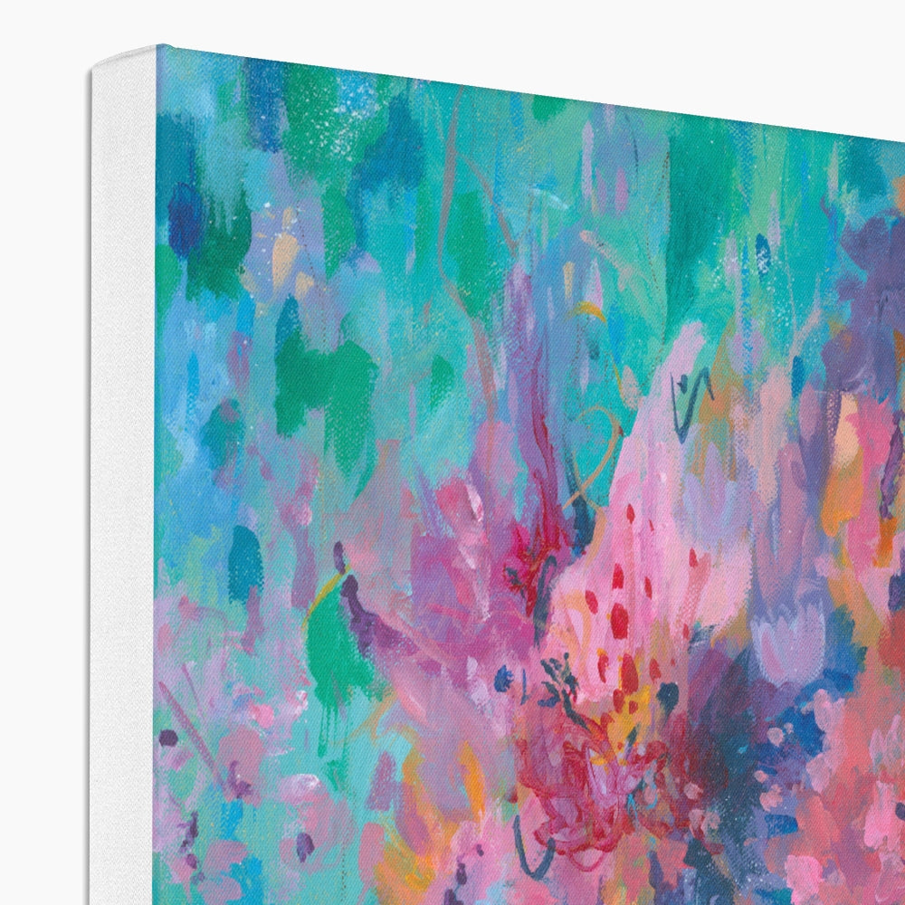 Colourful abstractprinted canvas on a white wall