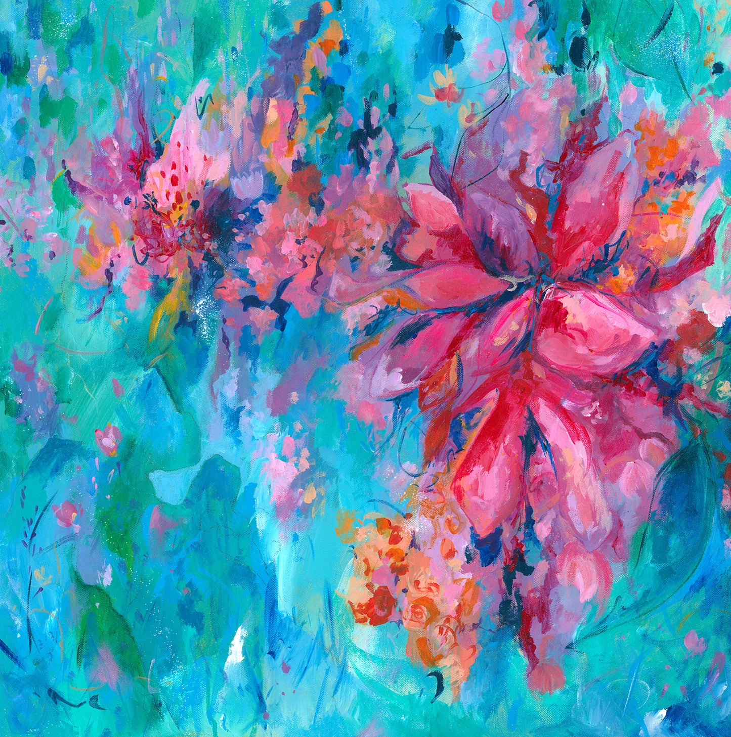 Free spirit acrylic abstract floral painting in vibrant turquoise blue and pinks. Original square flower painting on stretched canvas