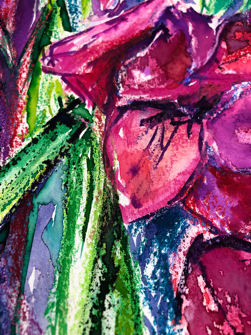 Close-up detail taken from original painting Gladioli that shows the oil pastel and watercolour textured details.