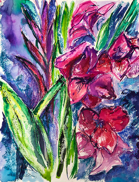 Vibrant, textured original painting of pinky purple gladioli flowers with a purple and blue inky background and lush green leaves.