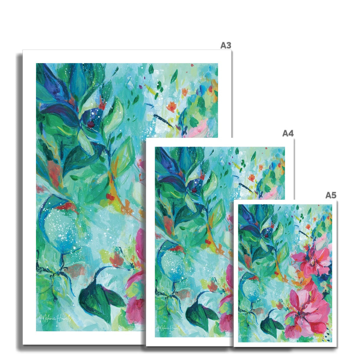 Unframed floral art print shown in A5, A4 and A3 sizes