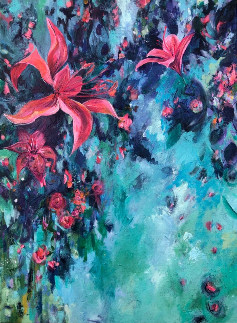 Colorful floral painting with pink flowers on a teal background