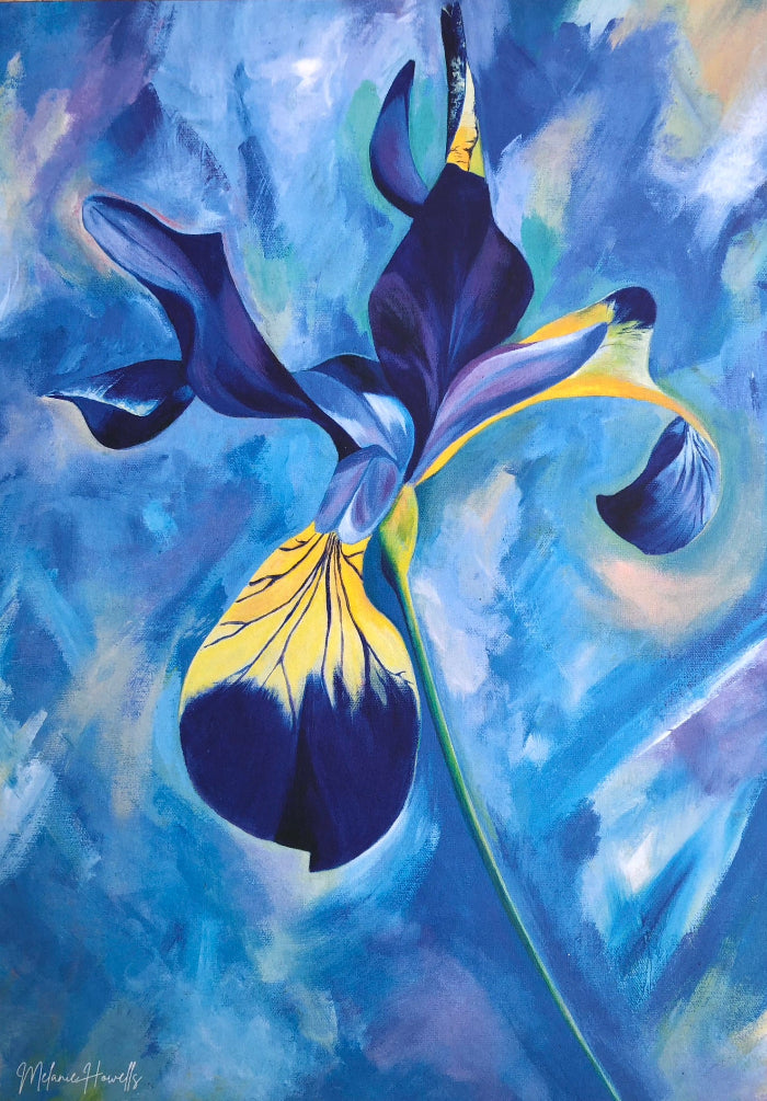 An abstract painting of a blue iris flower with yellow accents against a textured blue and white background.