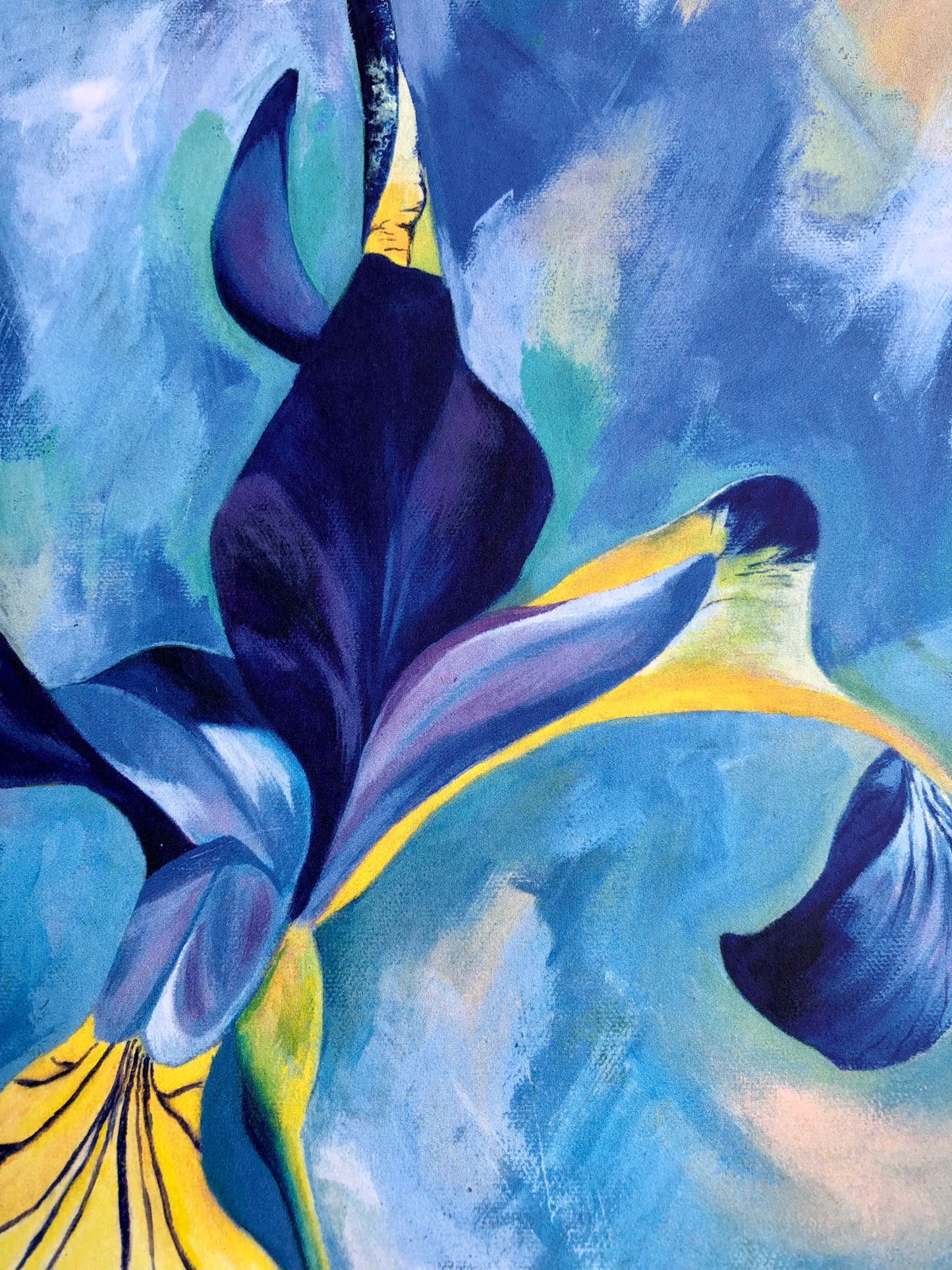 Abstract floral painting featuring a stylized iris-like bloom with dark navy, blue, lavender, and bright yellow petals against a textured blue and white background.