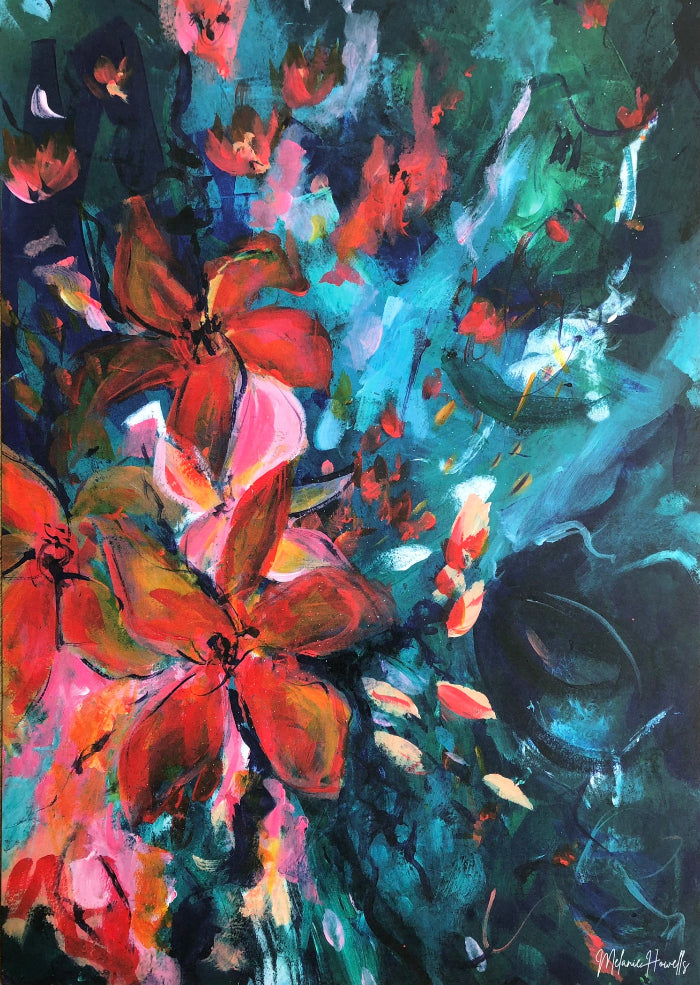 An abstract floral painting featuring expressive brushstrokes with prominent red and pink blossoms against a dark teal, blue, and green background.