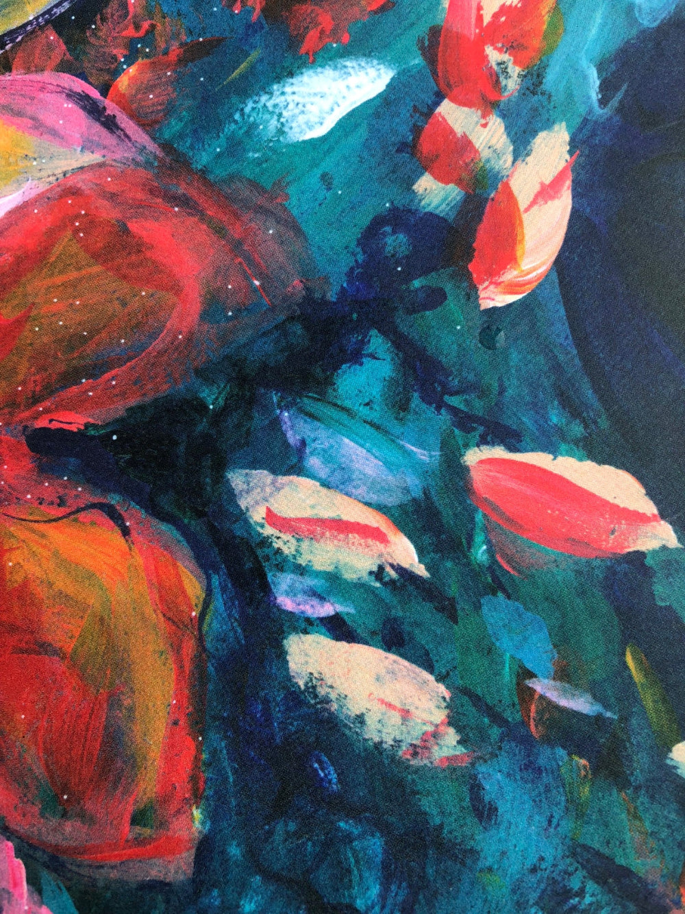 Close up details from an abstract painting with expressive brushstrokes in deep teal, navy, red, orange, pink, and cream.