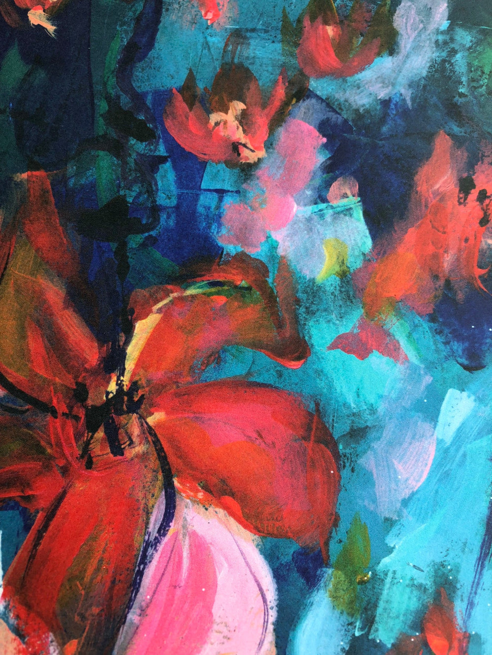 Abstract floral painting with bold brushstrokes in red, pink, teal, blue, and dark navy tones.