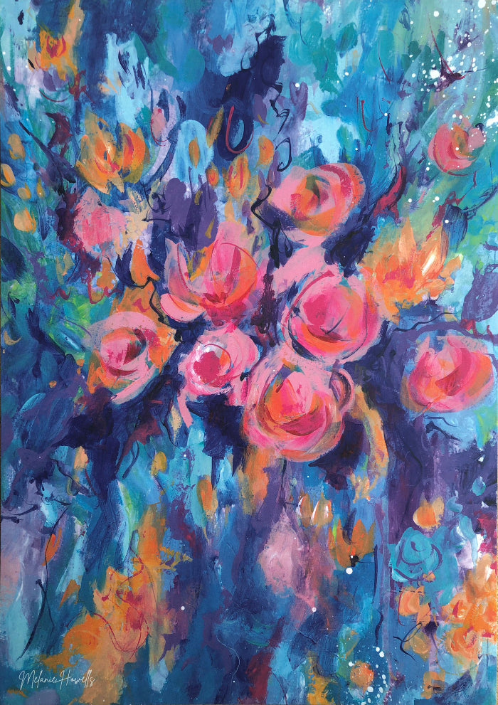 An expressive, colorful painting of roses with blue, teal, purple, pink, orange, and yellow brushstrokes filling the frame.