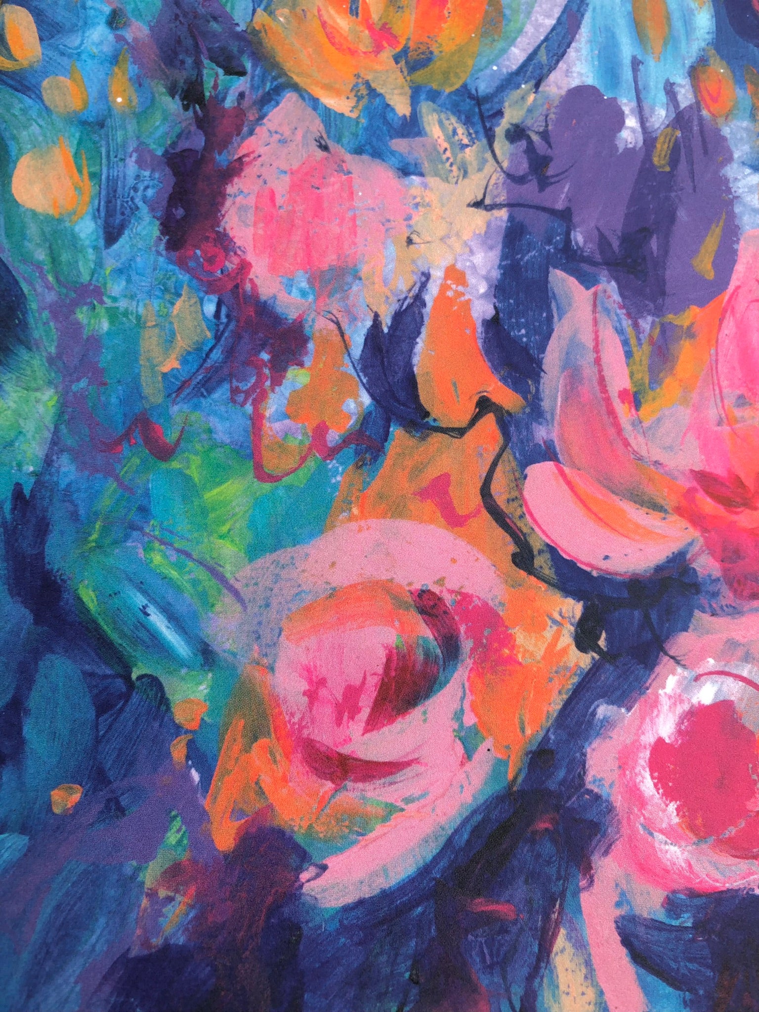 Abstract floral painting with expressive brushstrokes in pink, blue, purple, orange, green, and yellow.