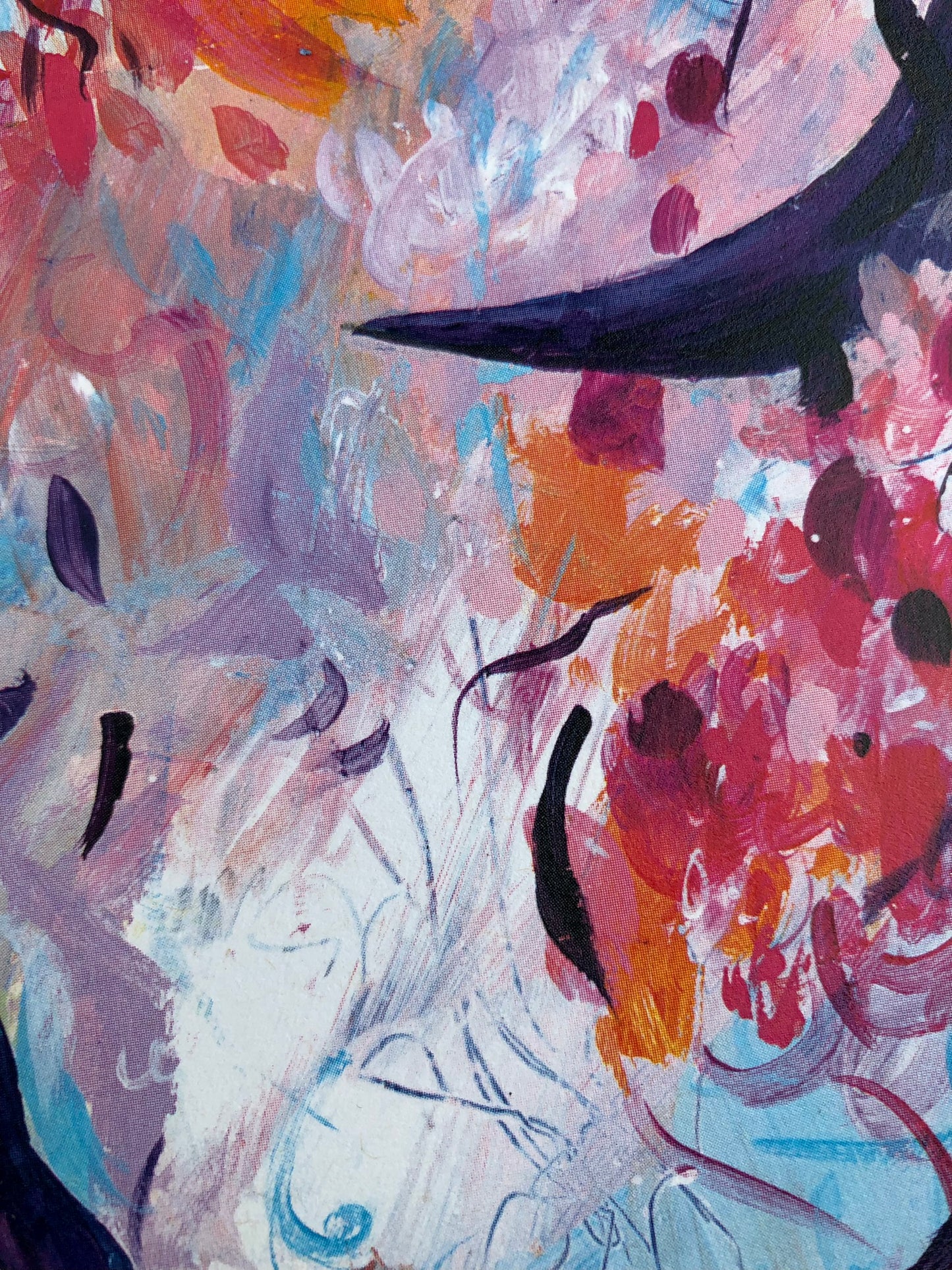Abstract painting with expressive brushstrokes in white, pink, red, orange, blue, and dark navy/black, filling the entire frame.