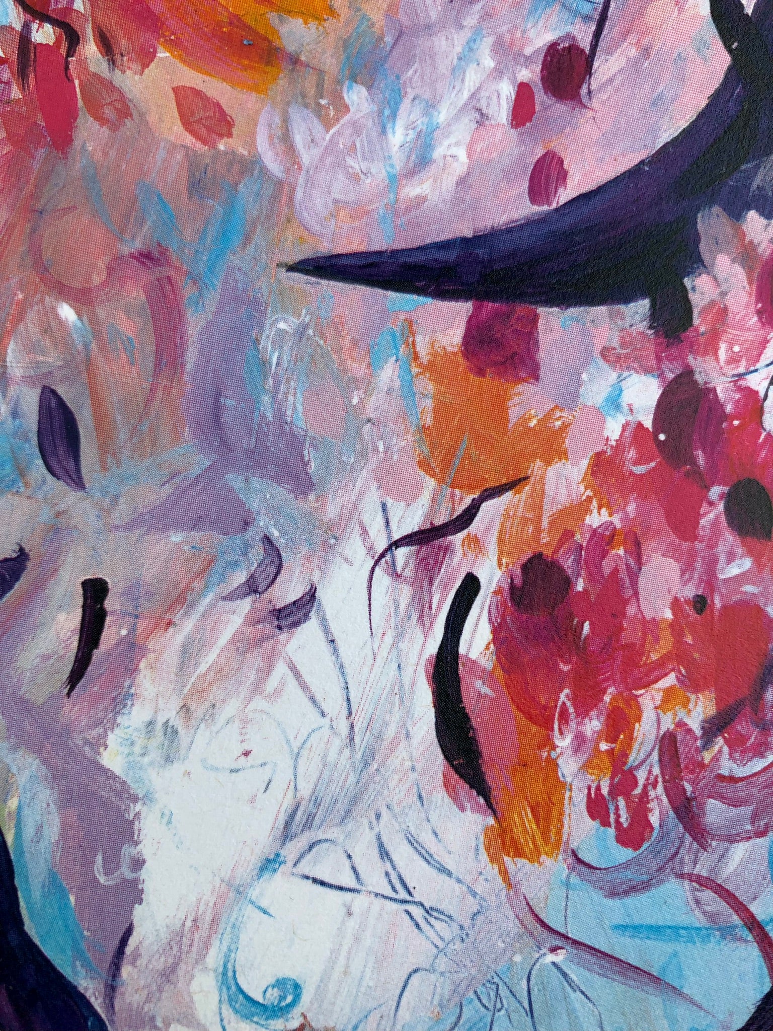 Abstract painting with expressive brushstrokes in white, pink, red, orange, blue, and dark navy/black, filling the entire frame.