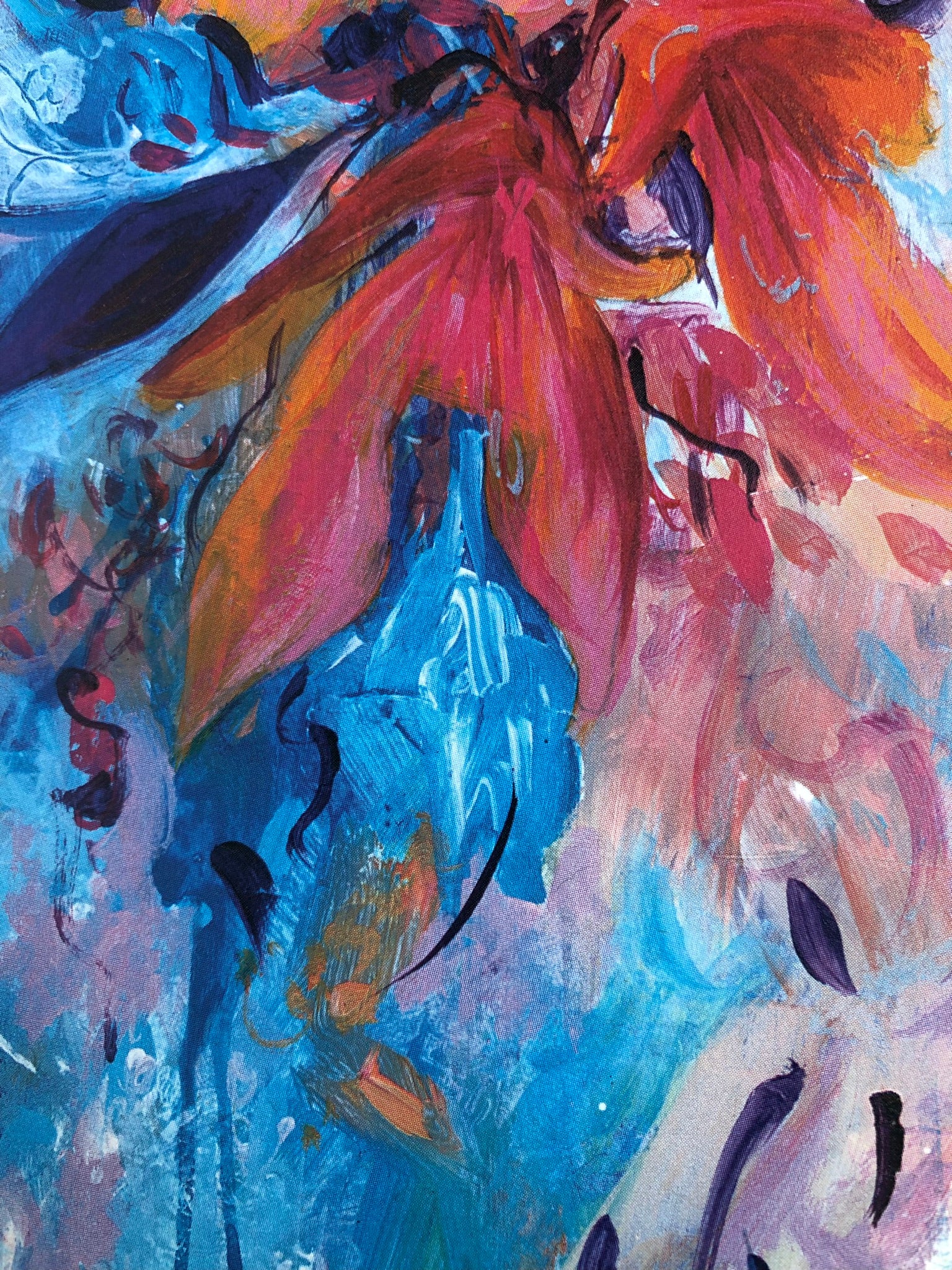 Abstract floral painting with expressive brushstrokes in vivid blue, coral red, pink, orange, and purple tones.