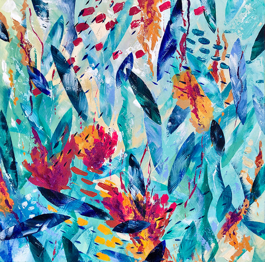 Colourful and energetic abstract acrylic painting called Tropical Dreams by artist Melanie Howells. Featuring shades of pink, turquoise and blue with accents of orange.