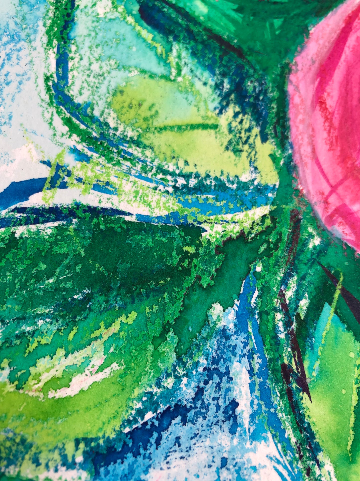 Close-up detail taken from Rosey Blooms original painting that shows the oil pastel and watercolour textured details.