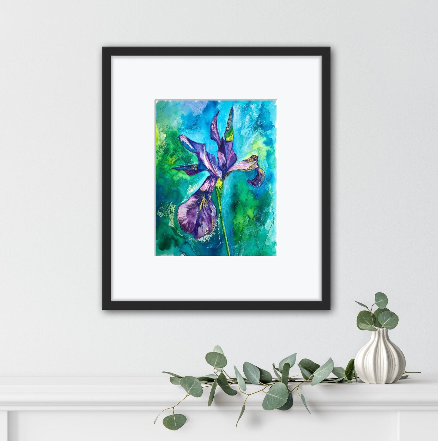 Midsummer iris painting displayed in a simple black frame with a white mount against a white wall