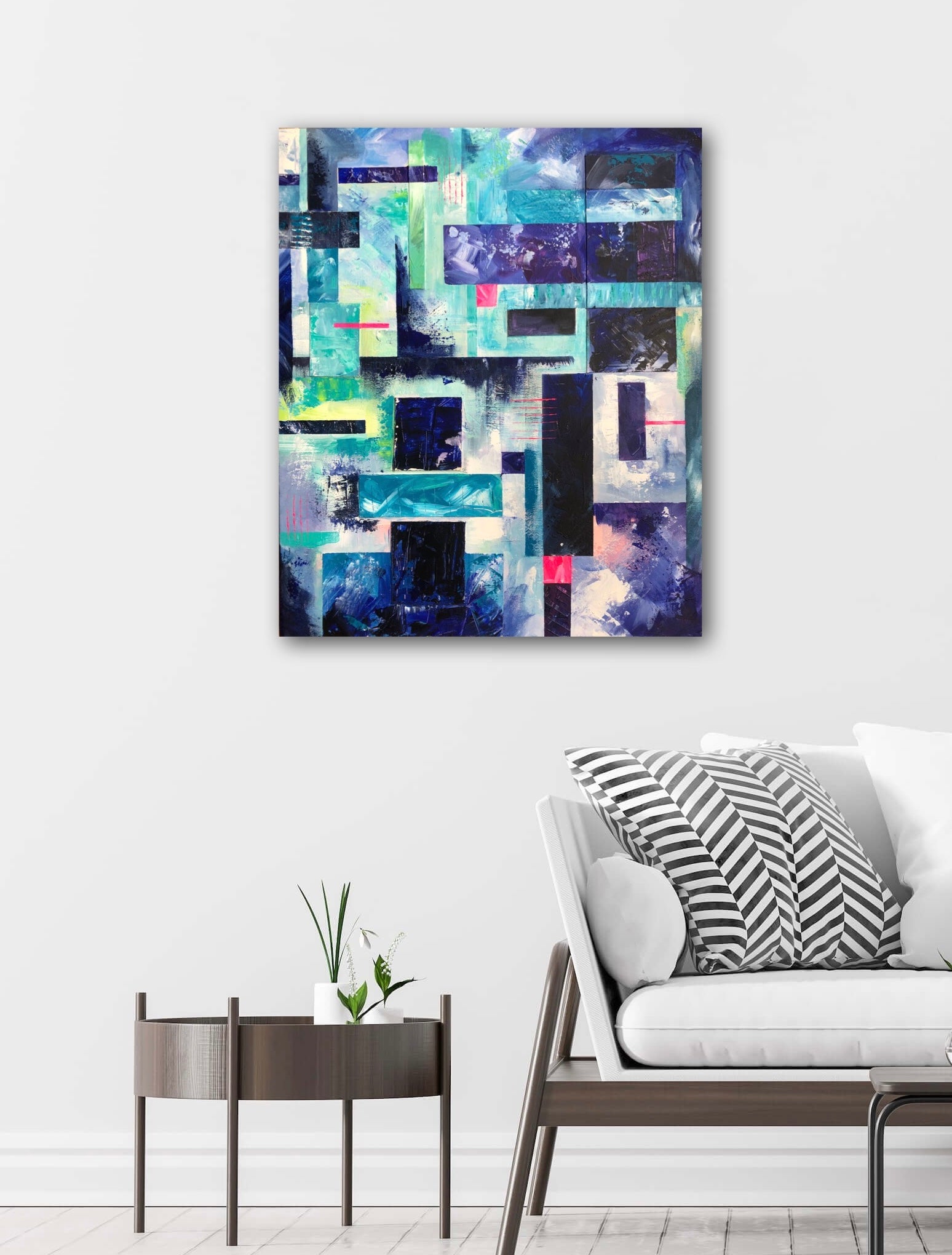 Elemental' abstract geometric acrylic painting on canvas displayed on a white wall in a modern room with a minimalist sofa