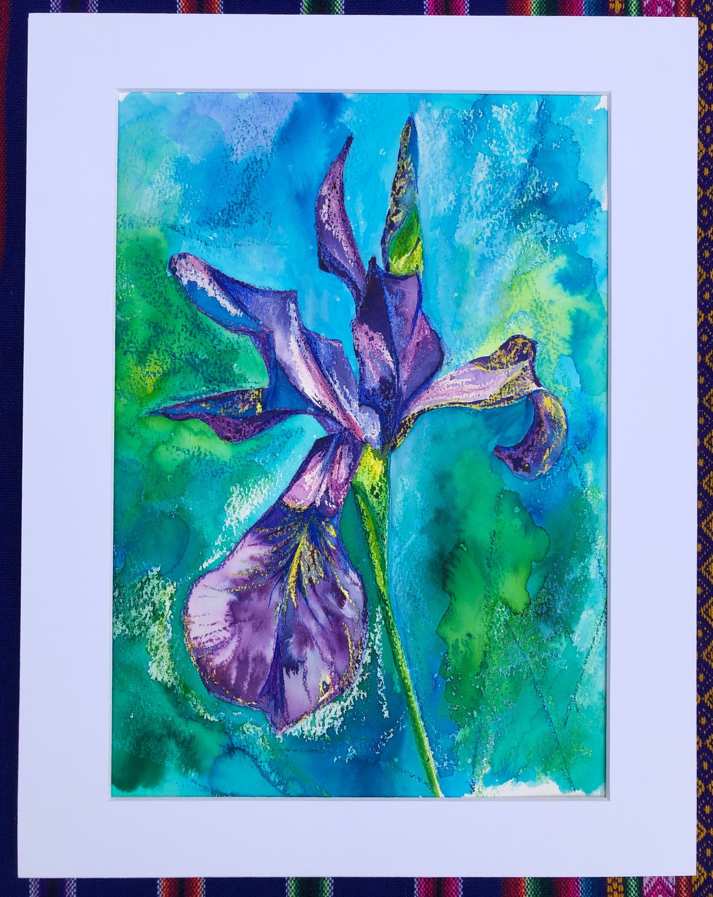 Midsummer Iris artwork shown with a white mount, ready for easy framing.