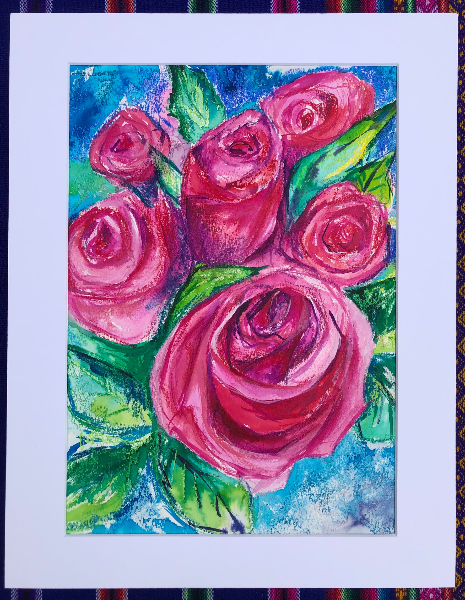 Rosey Blooms artwork with a white mount shown ready to slot into a frame 