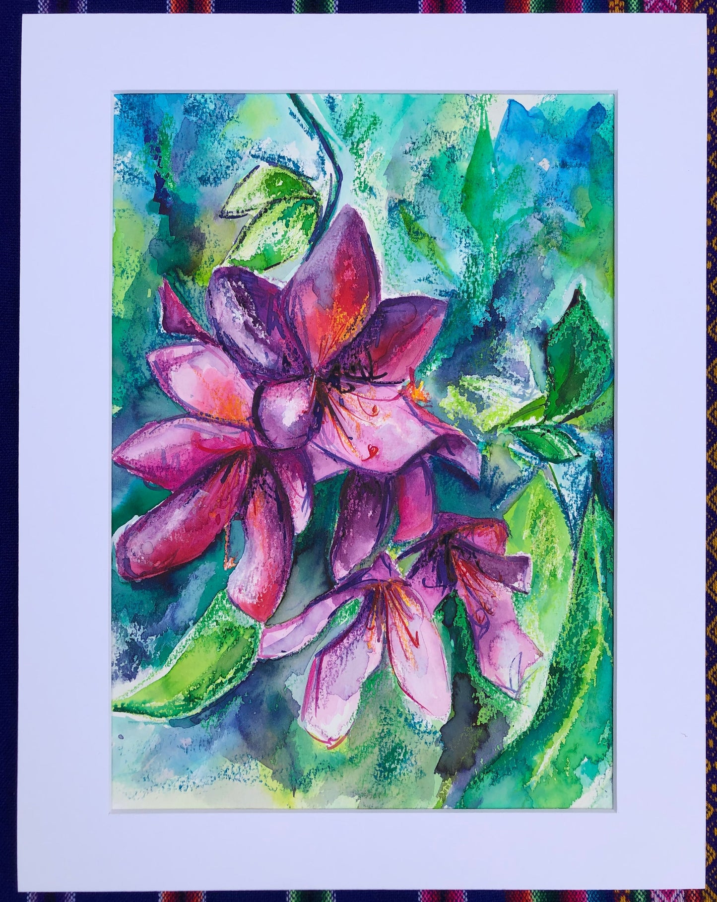 Rhododendron artwork shown with a white mount, ready for easy framing.