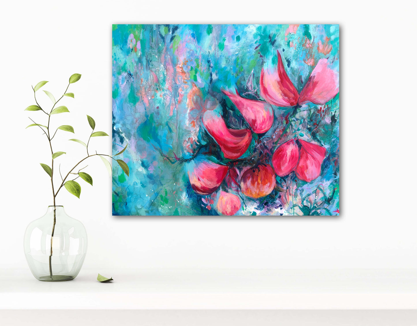 Textured floral painting of vibrant pink sweet pea flowers 