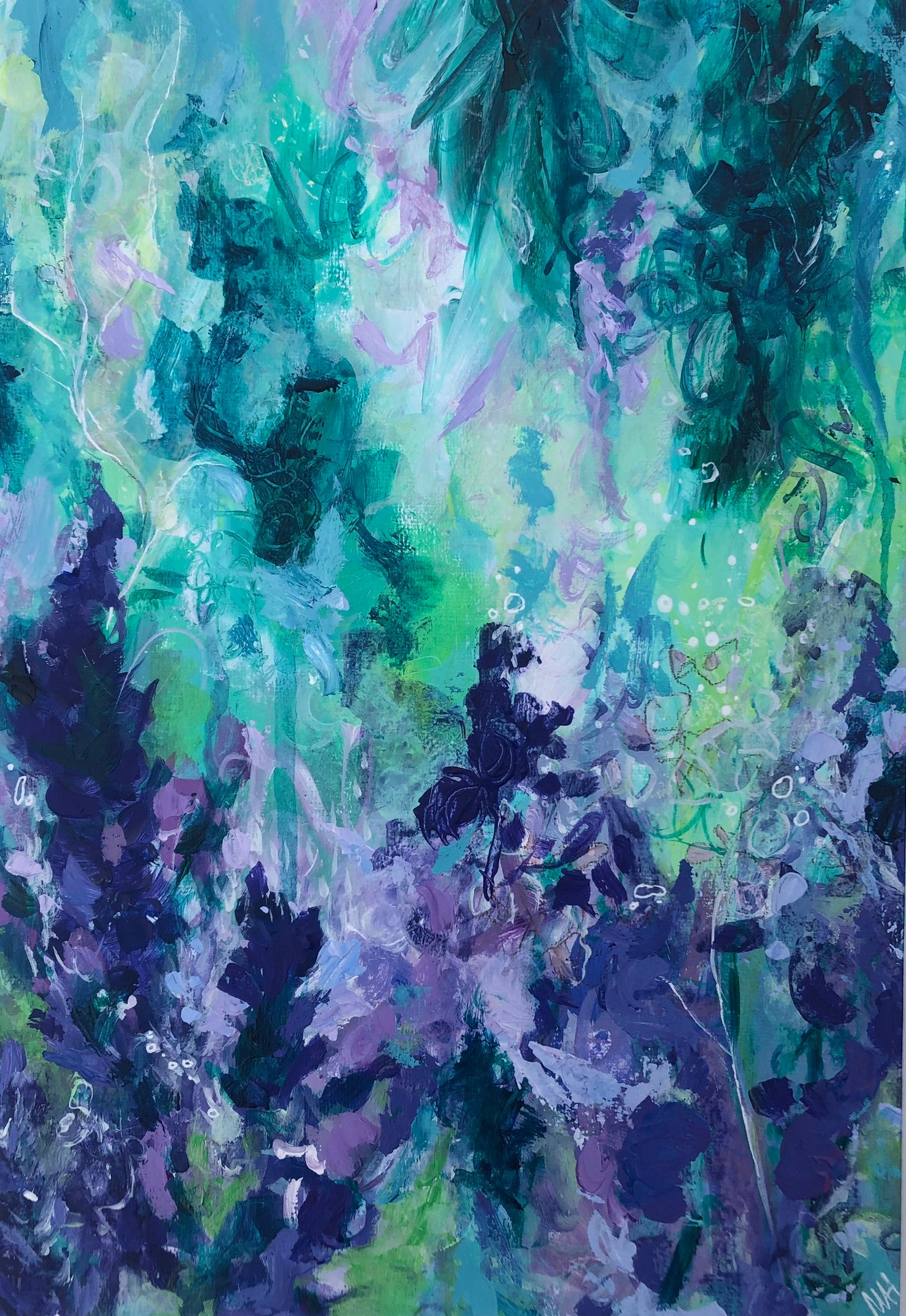 Abstract artwork with a mix of green, purple, and blue colors.