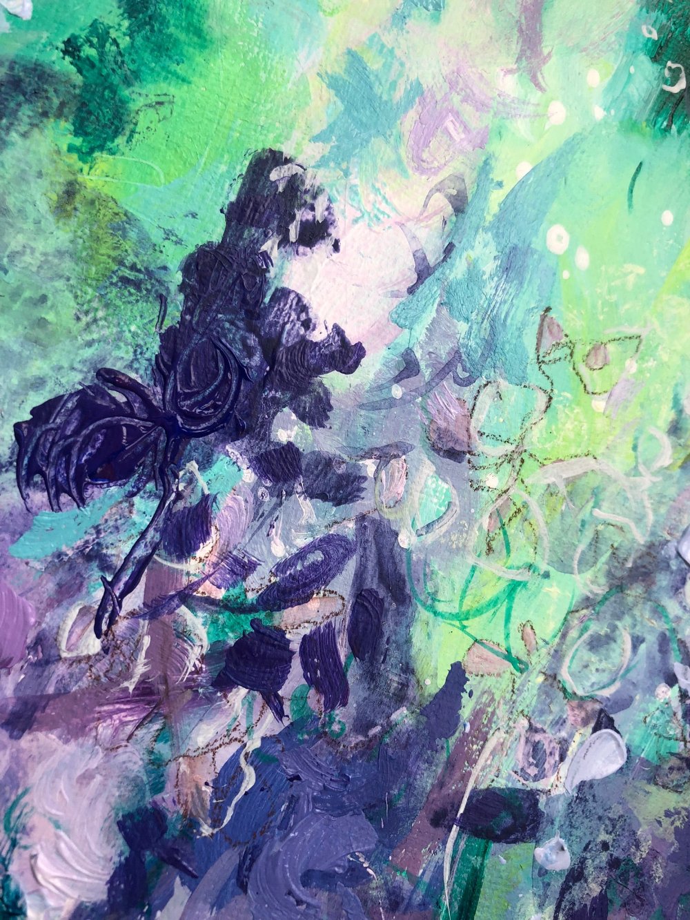 Further close up details of purple, lilac and green floral painting