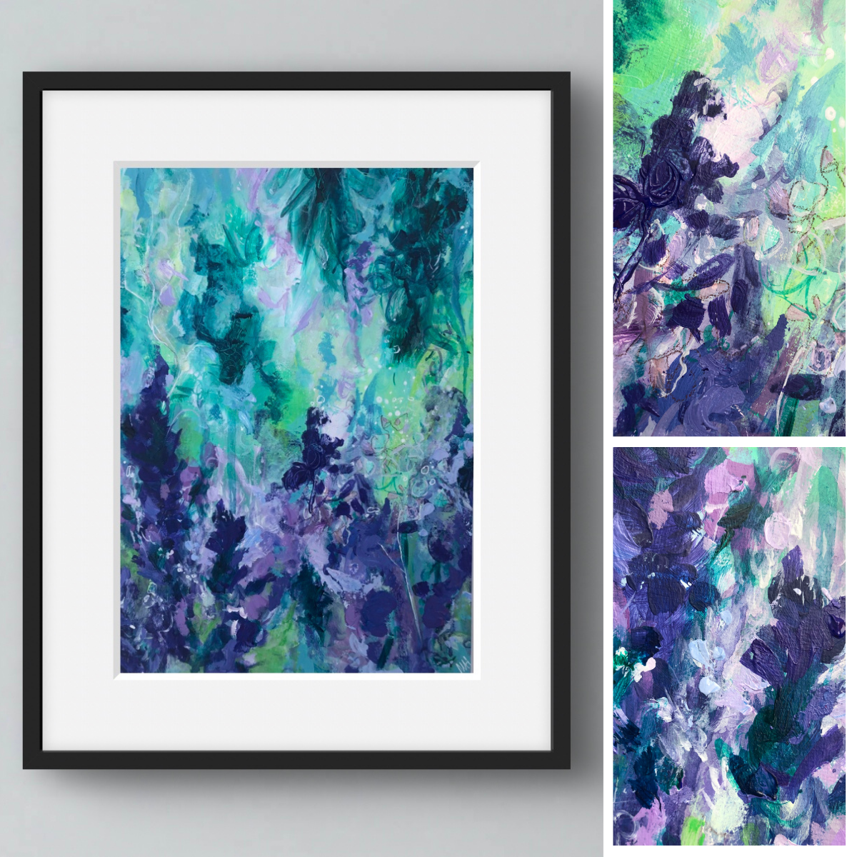 Framed abstract art print with a colorful design on a white wall.