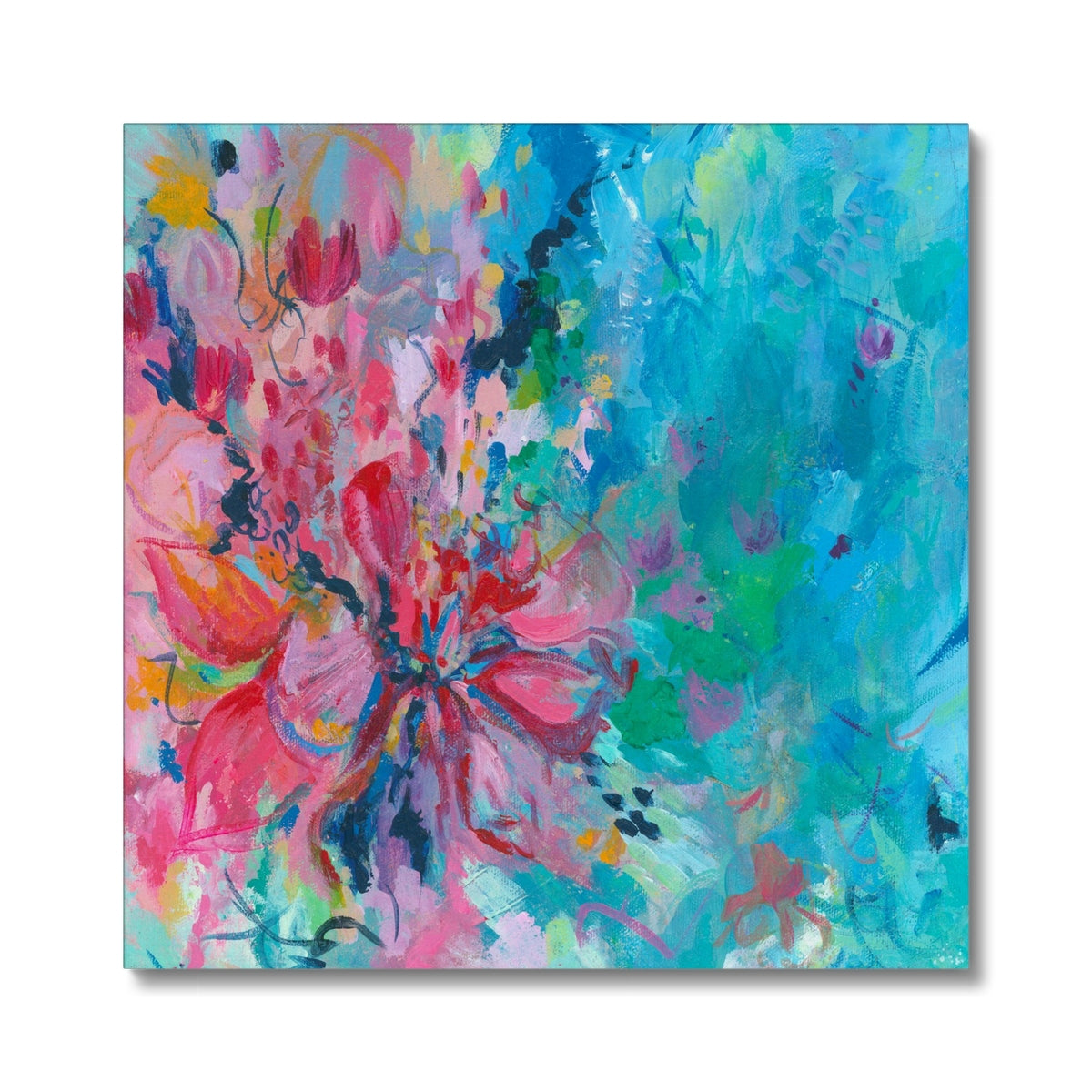 An abstract floral painting on canvas featuring vibrant pink, red, and turquoise blue brushstrokes with green accents, shown against a clean white background.