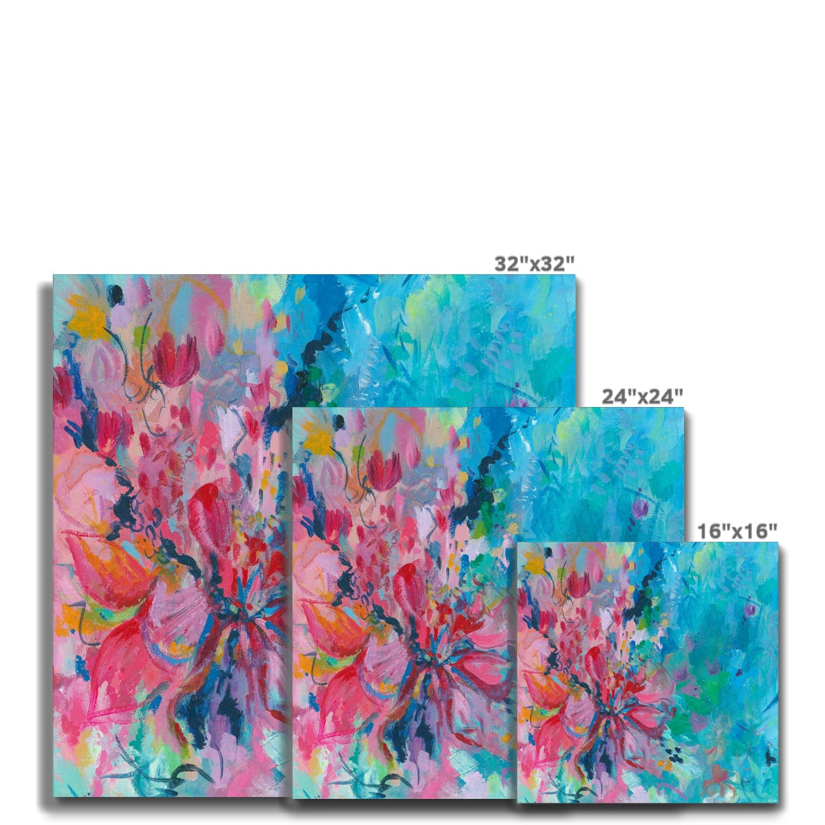 Three abstract floral canvas wall art prints in different sizes, shown overlapping on a white background with size labels: 32"x32", 24"x24", and 16"x16".