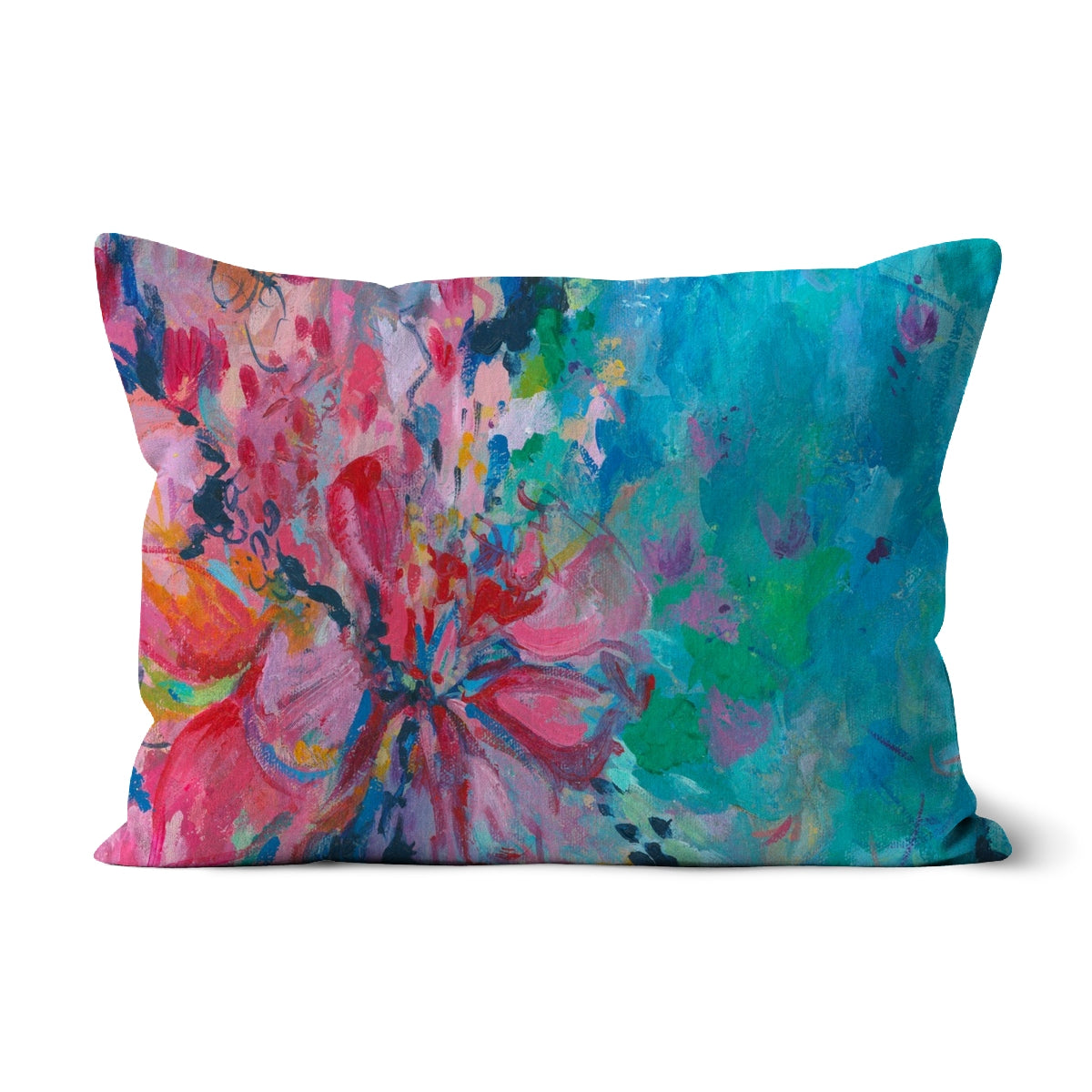 Rectangular cushion featuring a pink abstract flower design against a turquoise background.