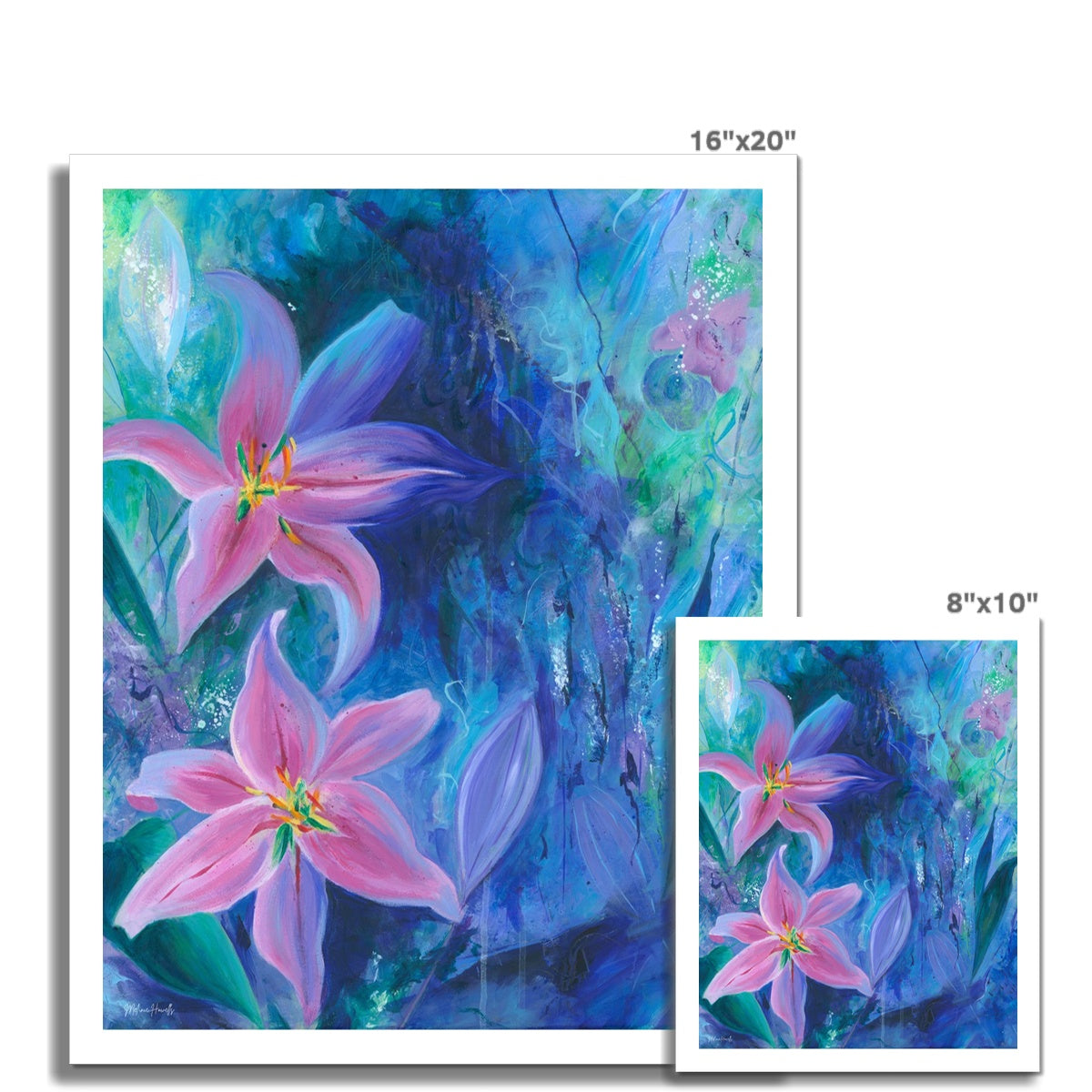 Lilies in Bloom floral fine art giclee print shown in different sizes with a white border