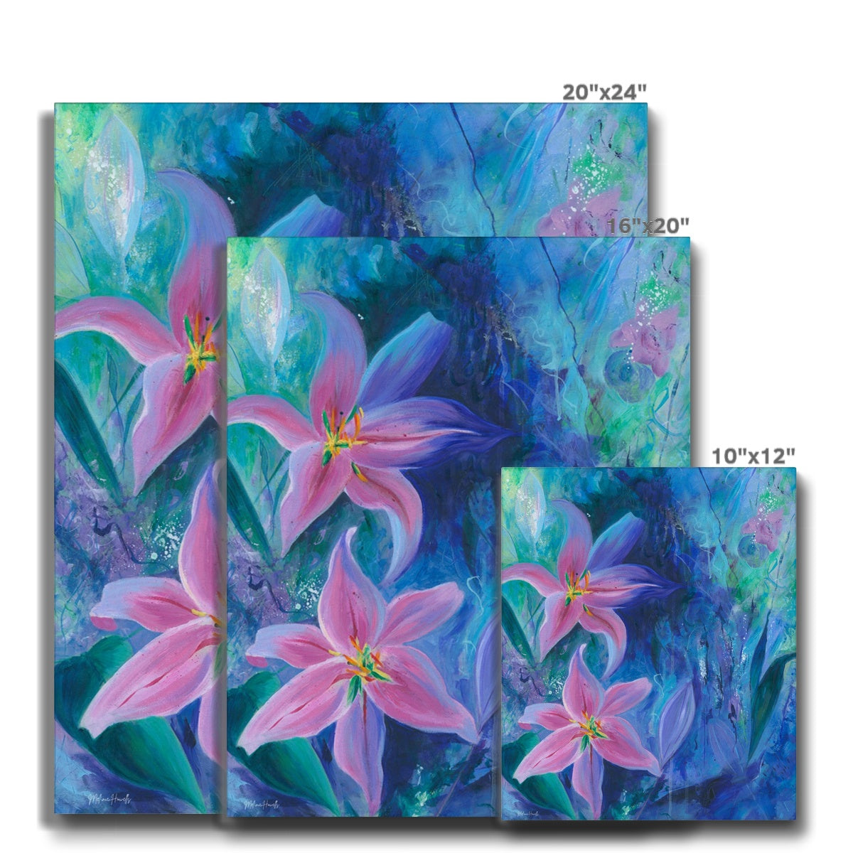 Three different sizes of printed canvas with pink lilies on a blue and teal abstract background, shown in three sizes with dimension labels: 20x24, 16x20, and 10x12.