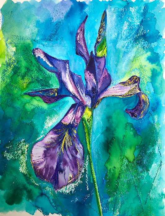 Midsummer Iris original mixed media painting featuring a single iris stem against an inky green and turquoise background