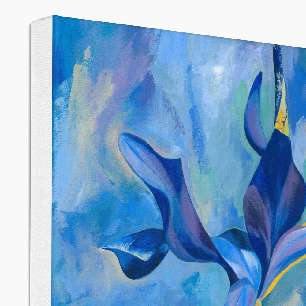 Abstract flower painting with blue and purple tones on a white background