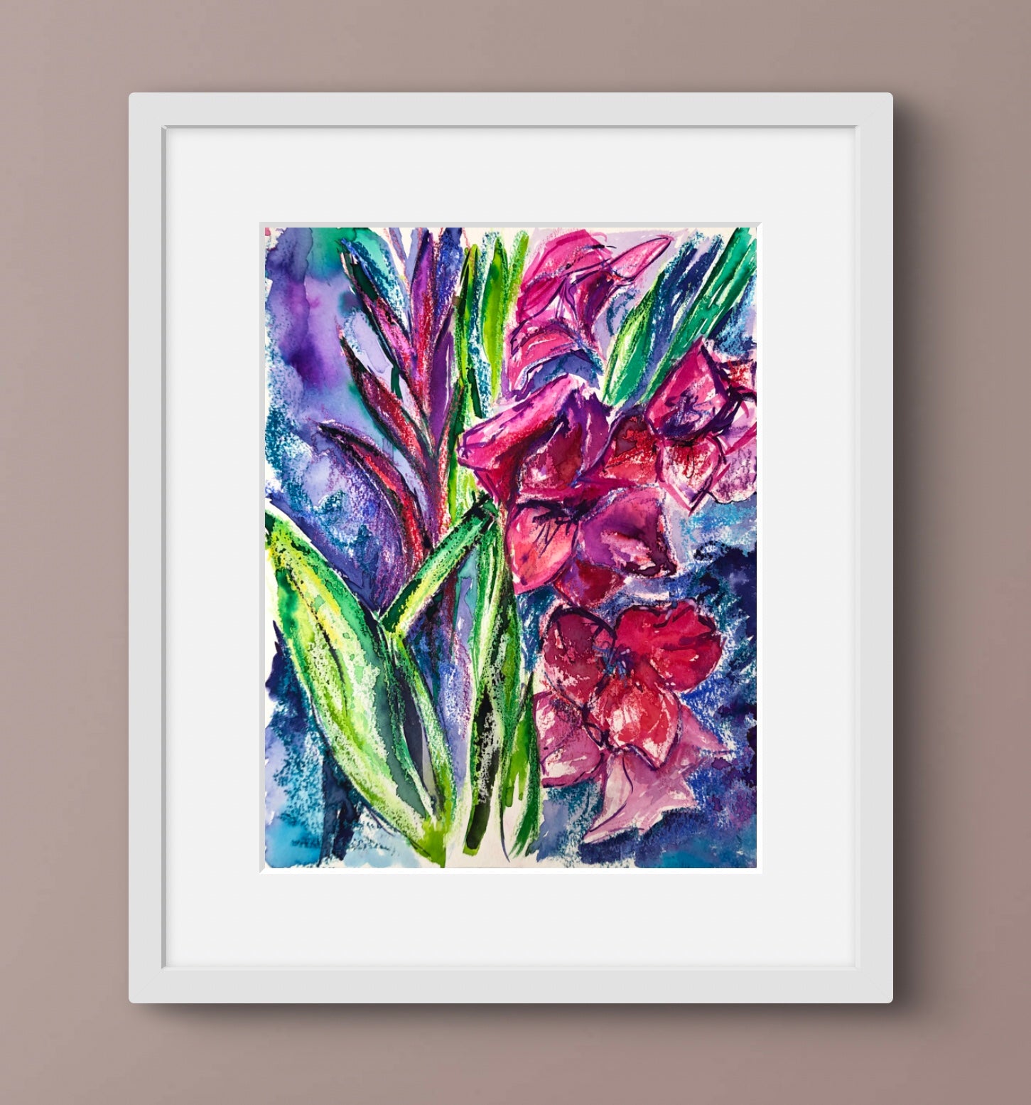 Gladioli original painting in a white frame against a mocha coloured painted wall.