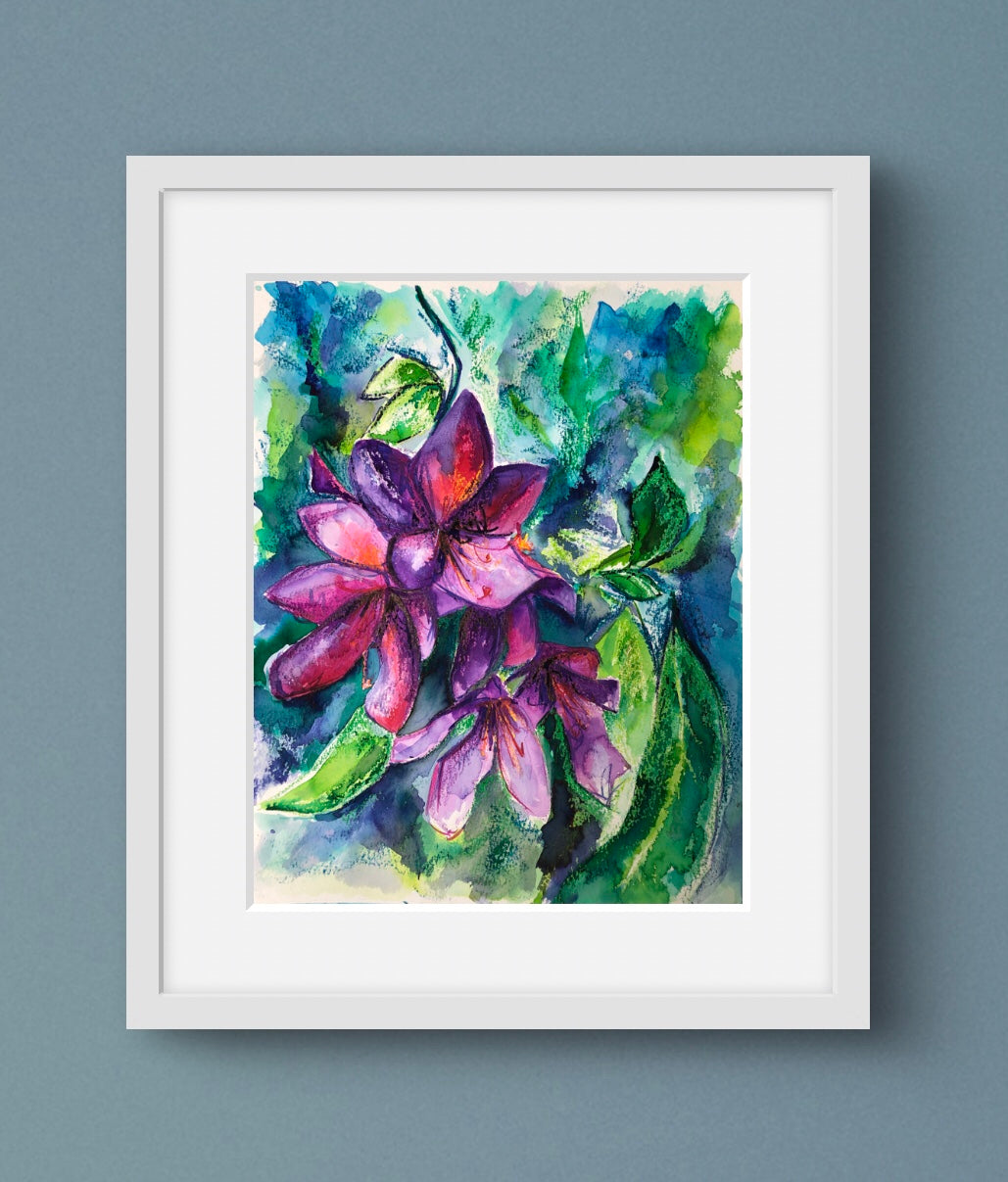 Painting of pink and purple rhododendron flowers against a lush backgrounf. Displayed in a simple white frame.