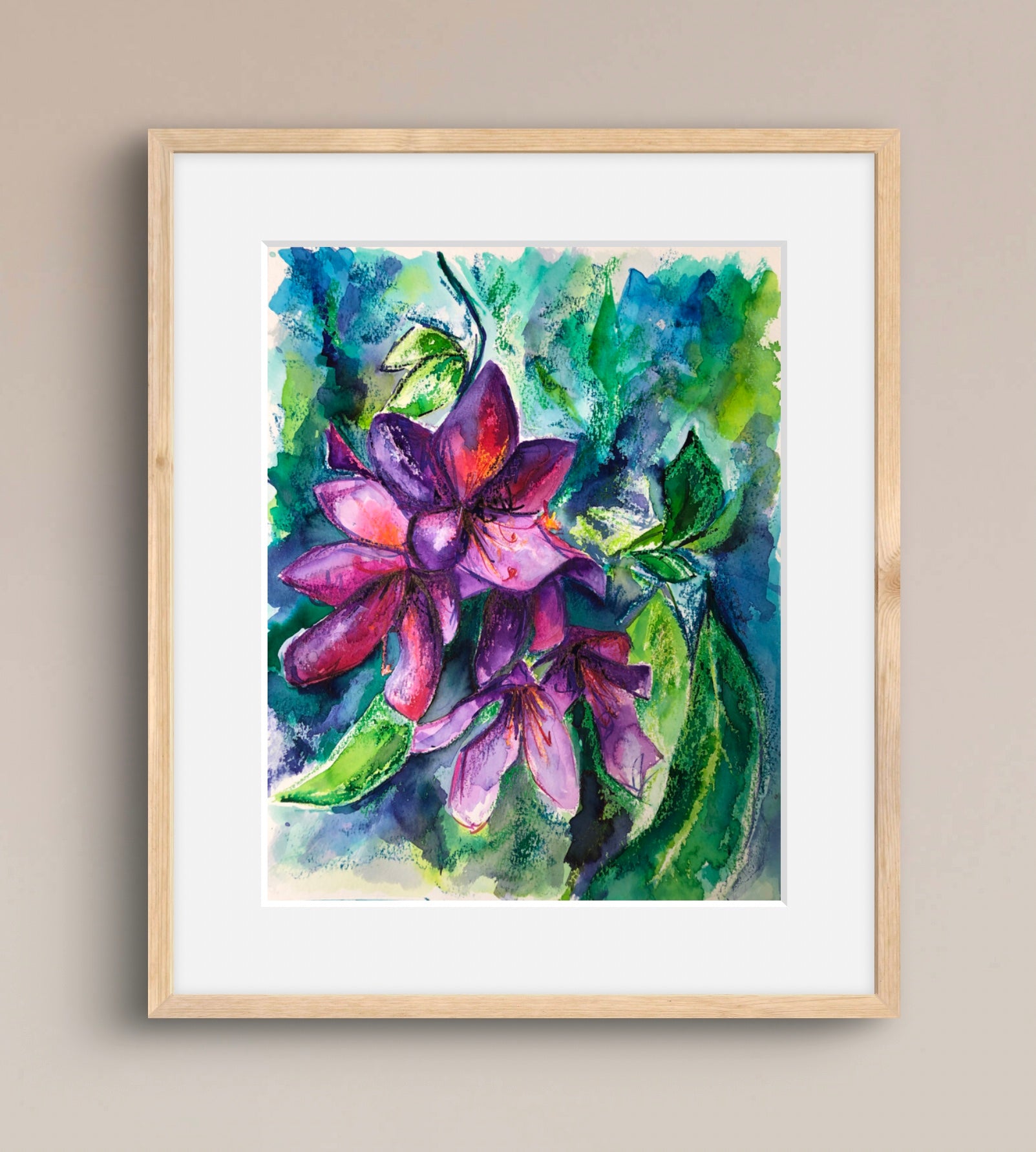 Rhododenron watercolour and oil pastel painting in a natural wood frame
