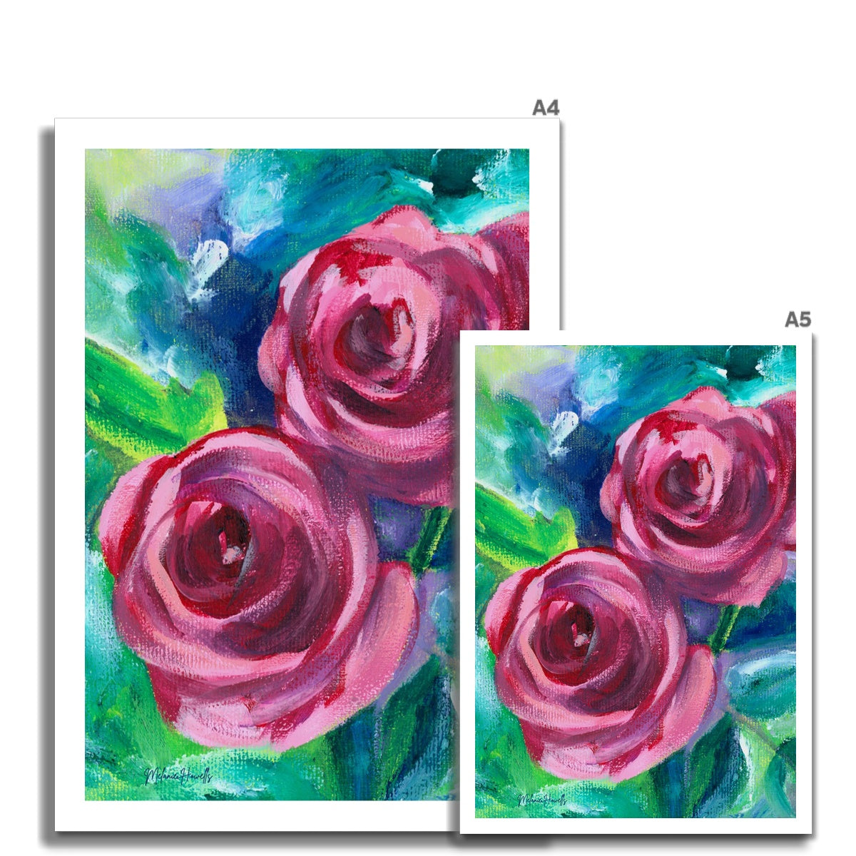Rose Duo art print shown in 2 different sizes, A5 or A4, as a size comparison.