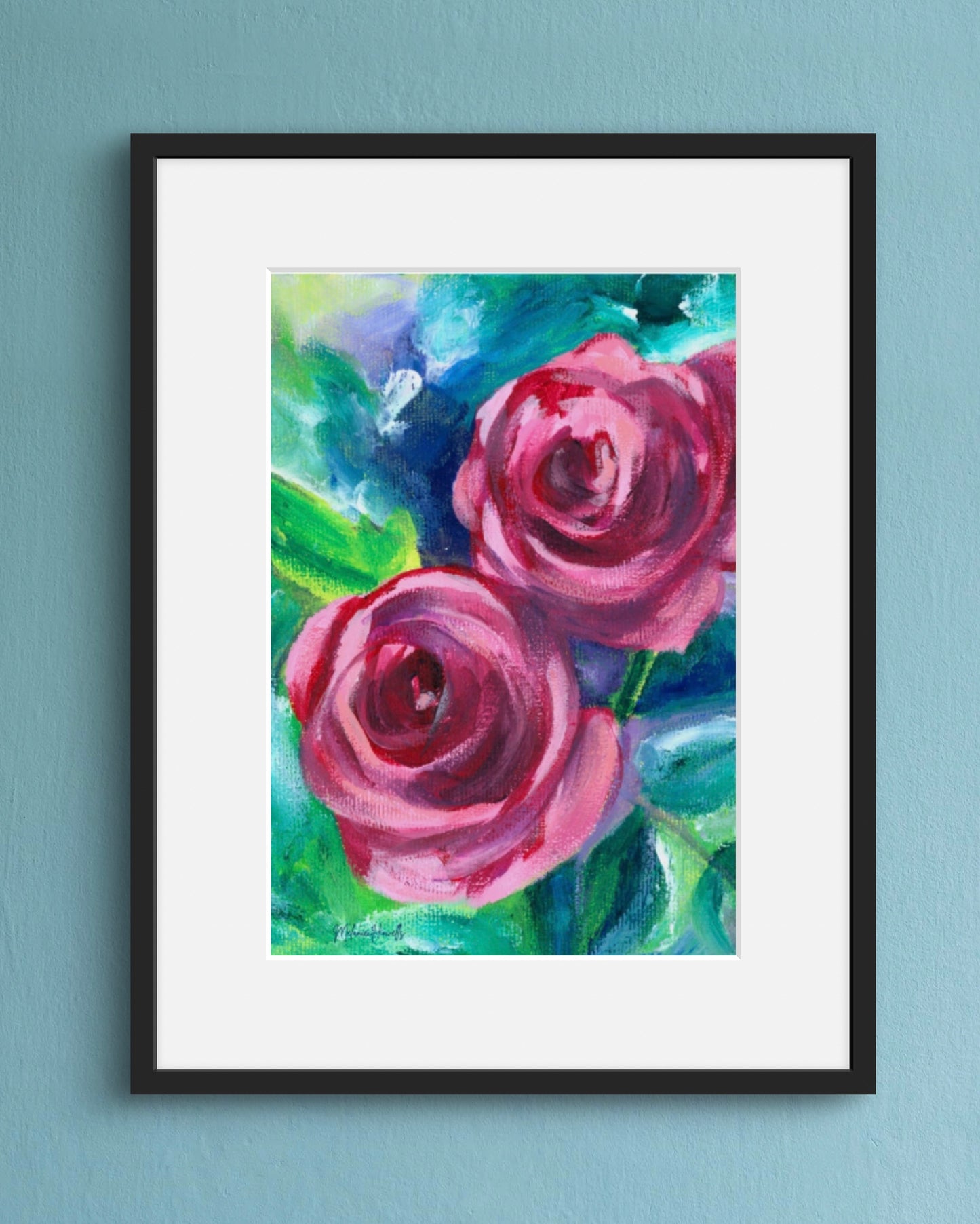 Rose Duo art print of floral painting framed with a white mount and slim, classic black frame against a duck egg coloured wall