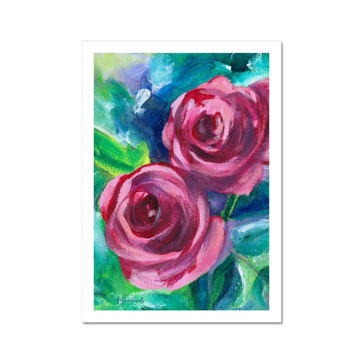 Art print of a vibrant acrylic painting of two plump red roses nestled together against a lush green backdrop. Features a white border.