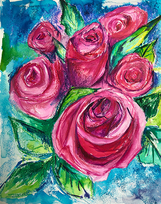 Vibrant, textured original painting of red roses with a contrasting inky blue background.