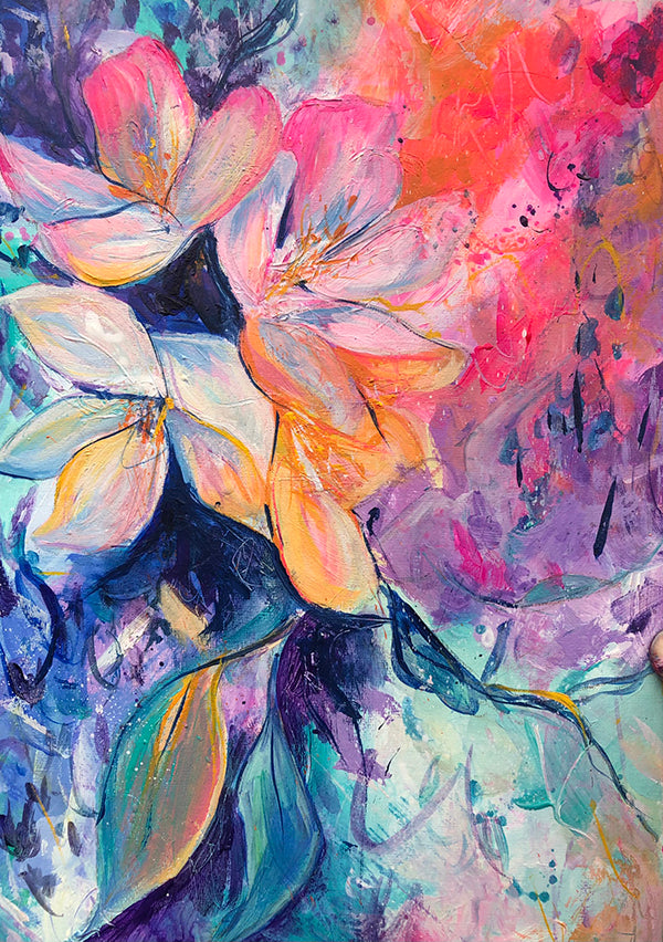 Bright and vibrant acrylic painting of white flowers with hot pink, blue, purple and turquoise details