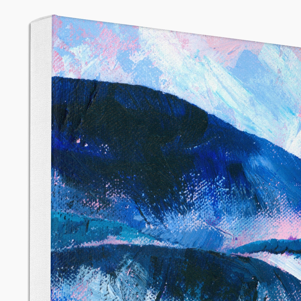 Abstract landscape canvas wall art featuring textured brushstrokes in deep blue, navy, light blue, pink, and white, shown against a white background.