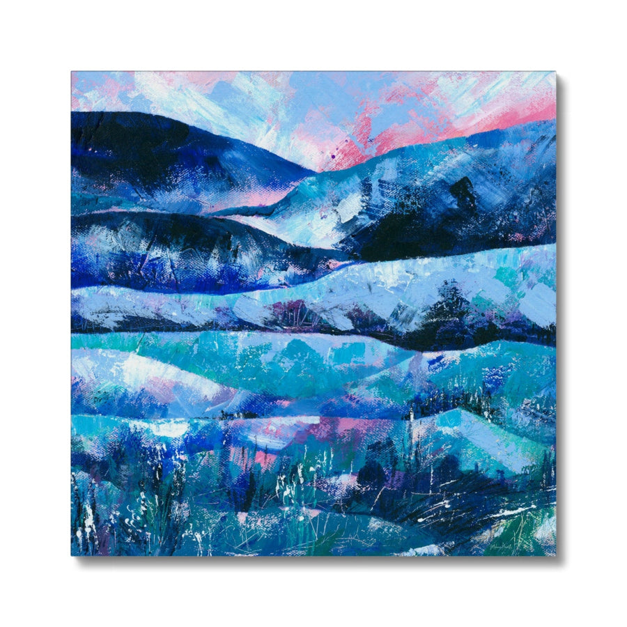 An abstract landscape painting of rolling blue and teal hills under a pink and light blue sky, presented as a square canvas print on a white background.