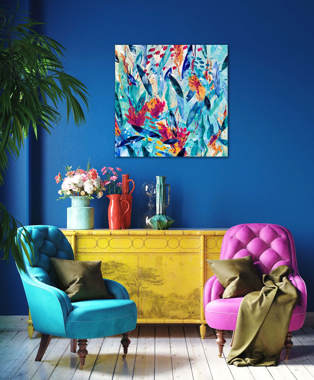 Colourful abstract acrylic painting on stretched canvas called Tropical Dreams. Measures 60x60cm and features shades of pink, blue, turquoise and orange. Displayed on a blue wall in a colourful and quirky room.