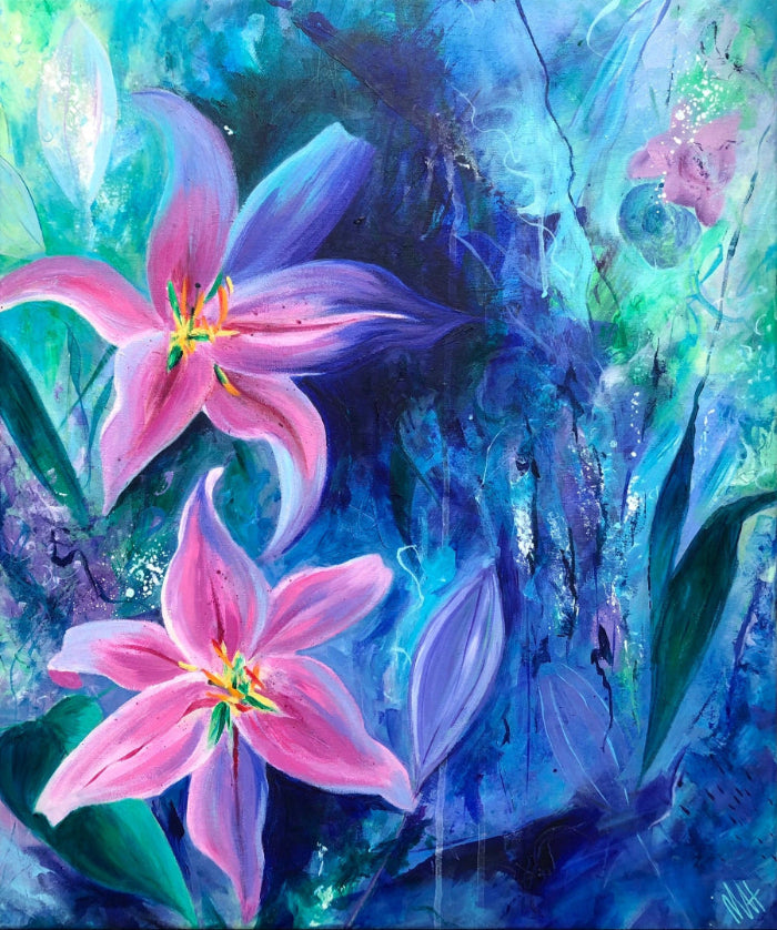 Art print of an acrylic painting of pink lily flowers against a lush blue and green background