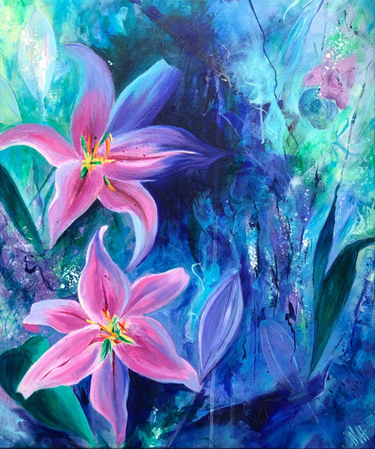 Art print of an acrylic painting of pink lily flowers against a lush blue and green background